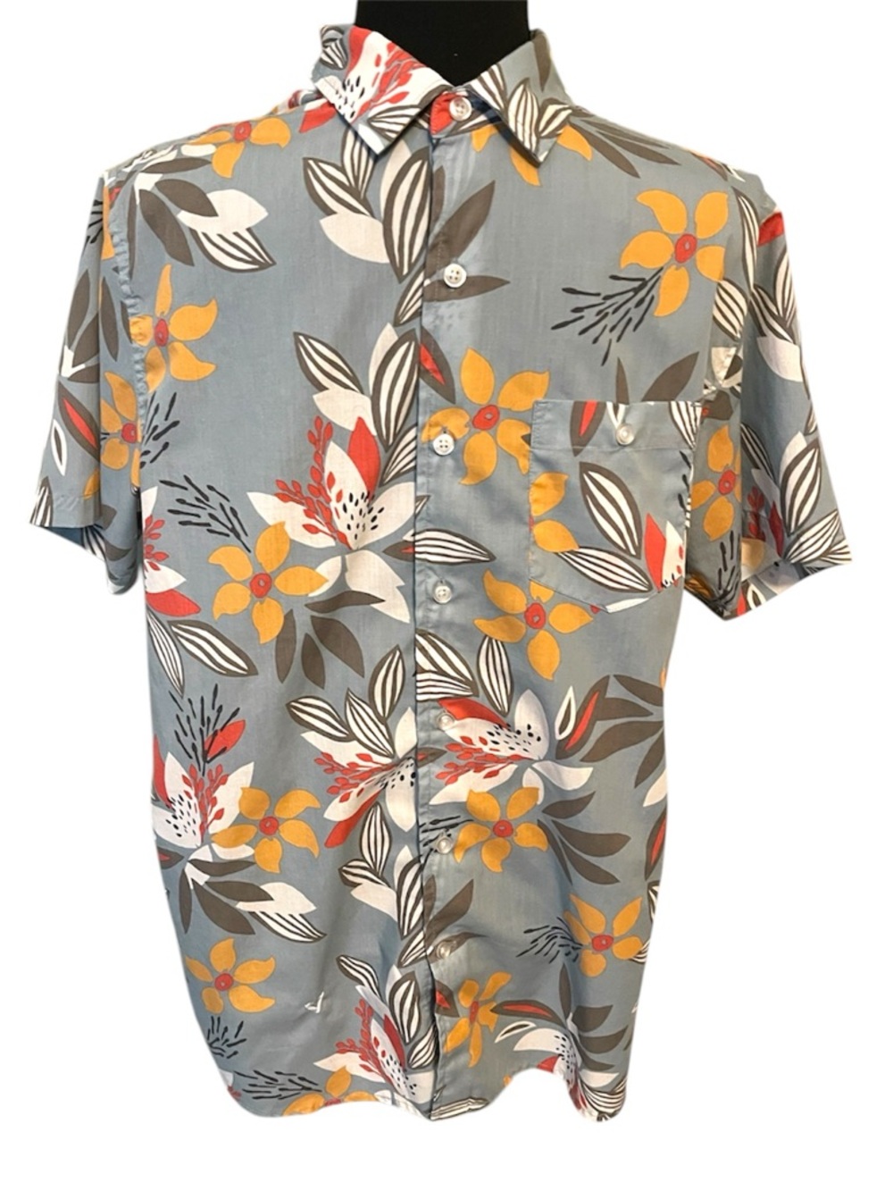VISSLA Gray Floral Short-Sleeve Button-Up Shirt with Yellow & Coral Accents